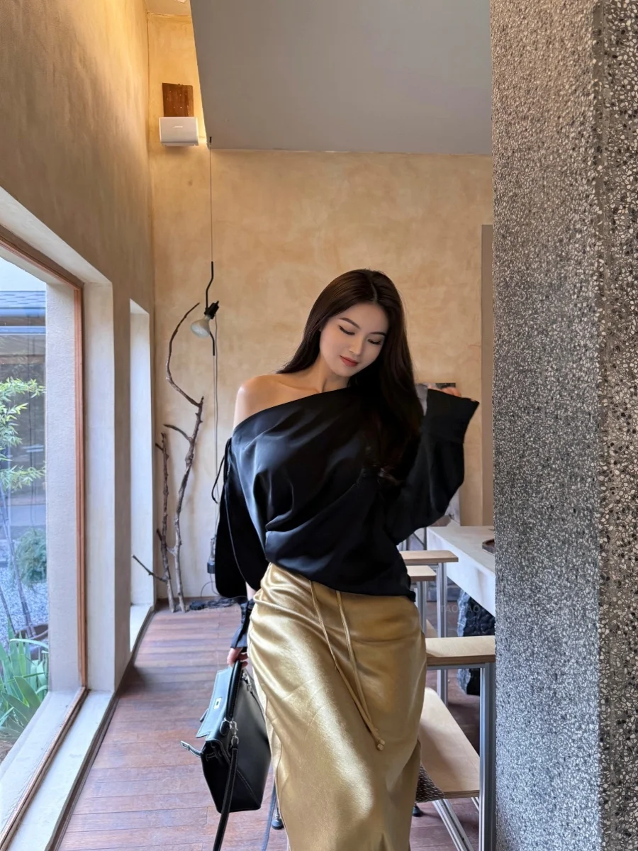 

NTSTORE Smooth Black High Weight Satin Shirt with Belt Shoulder Design Loose Fit Long Sleeve Women's Premium Top