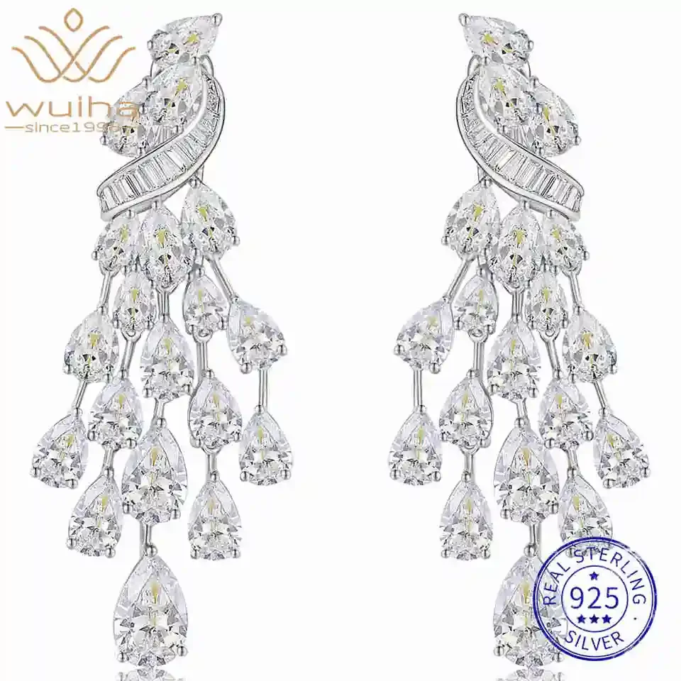 

Vintage 100% 925 Sterling Silver Lab Sapphire High Carbon Diamonds Wedding Engagement Drop Dangle Earrings Fine Jewelry