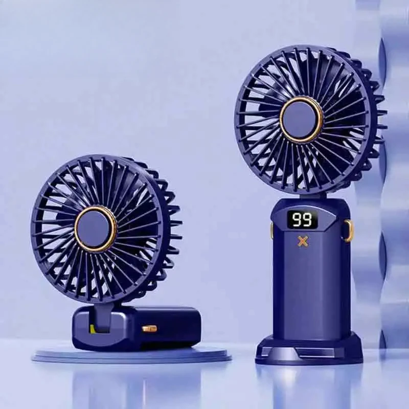 مروحة صغيرة محمولة قابلة للطي ومراوح معلقة على الرقبة 5 سرعات USB قابلة لإعادة الشحن مع حامل هاتف وشاشة عرض