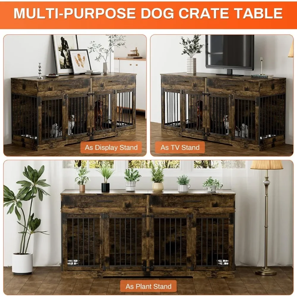 Niche double pour chien, mobilier d'intérieur pour 2 chiens, 72 pouces, 2 sorties de proximité