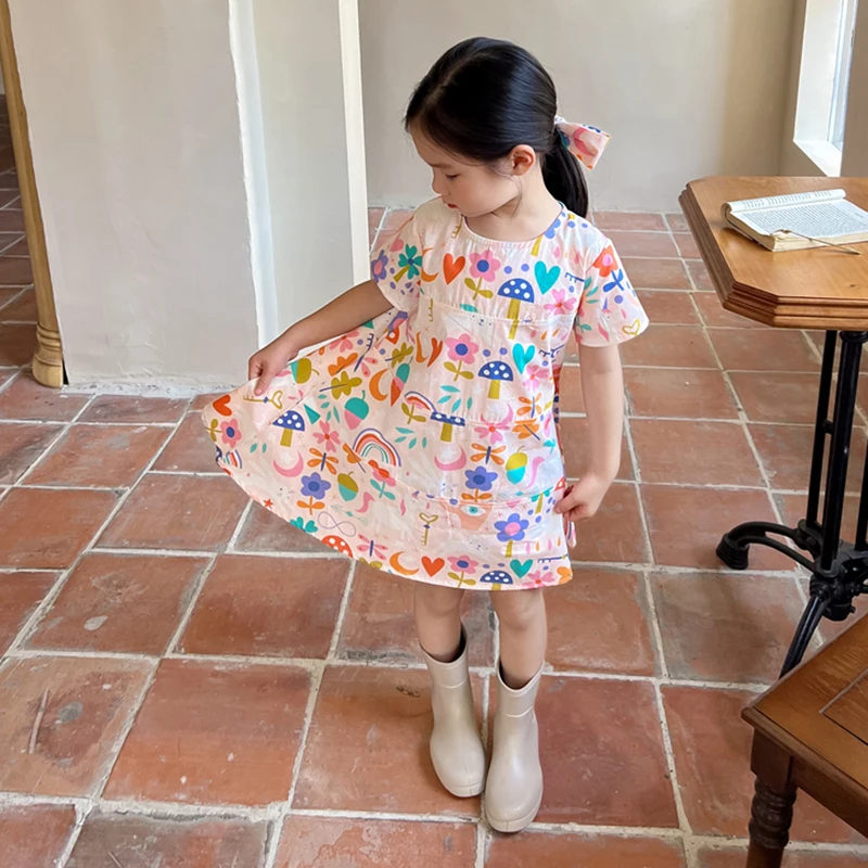 Korean Version Summer Girl'S Round Neck Short Sleeve Cartoon Printed Dress Same Sweet Cotton Knee-Length Skirt With Headband