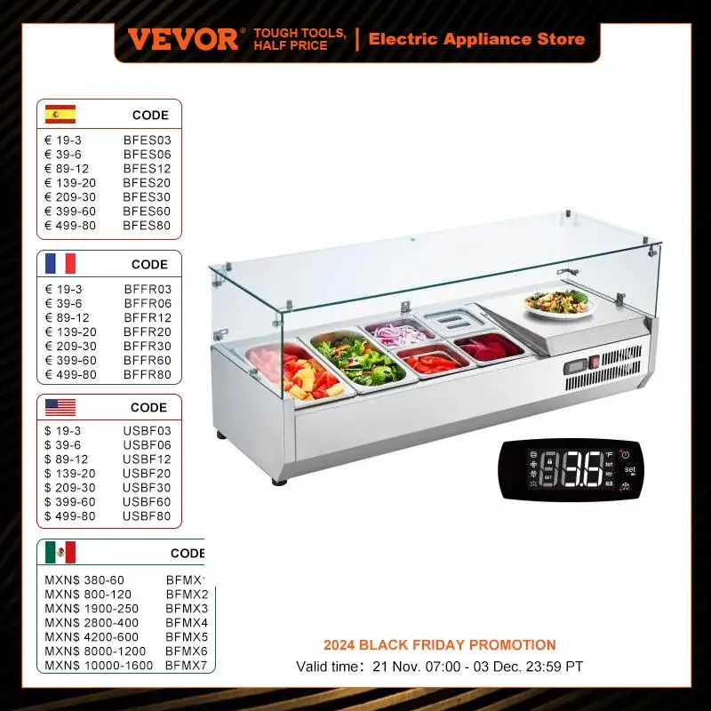 VEVOR Countertop Refrigerated Condiment Prep Station 304 Stainless Body and PC Lid, Sandwich Prep Table with Glass Guard