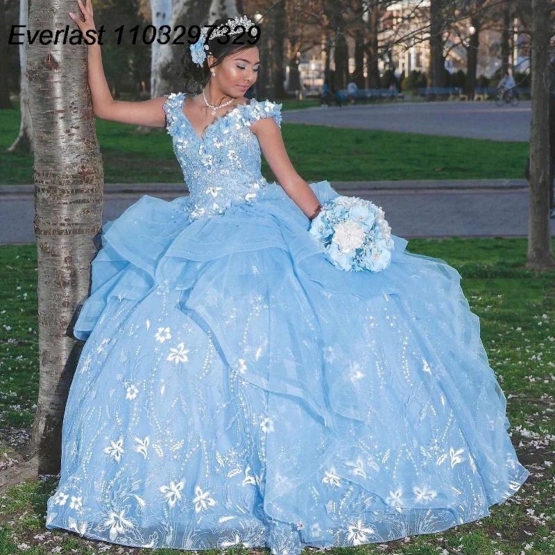 Evlast Prinses Blauwe Quinceanera Jurk Baljurk 3d Bloemen Applique Kralen Mexico Corset Sweet 16 Vestido De 15 Anos Tqd622