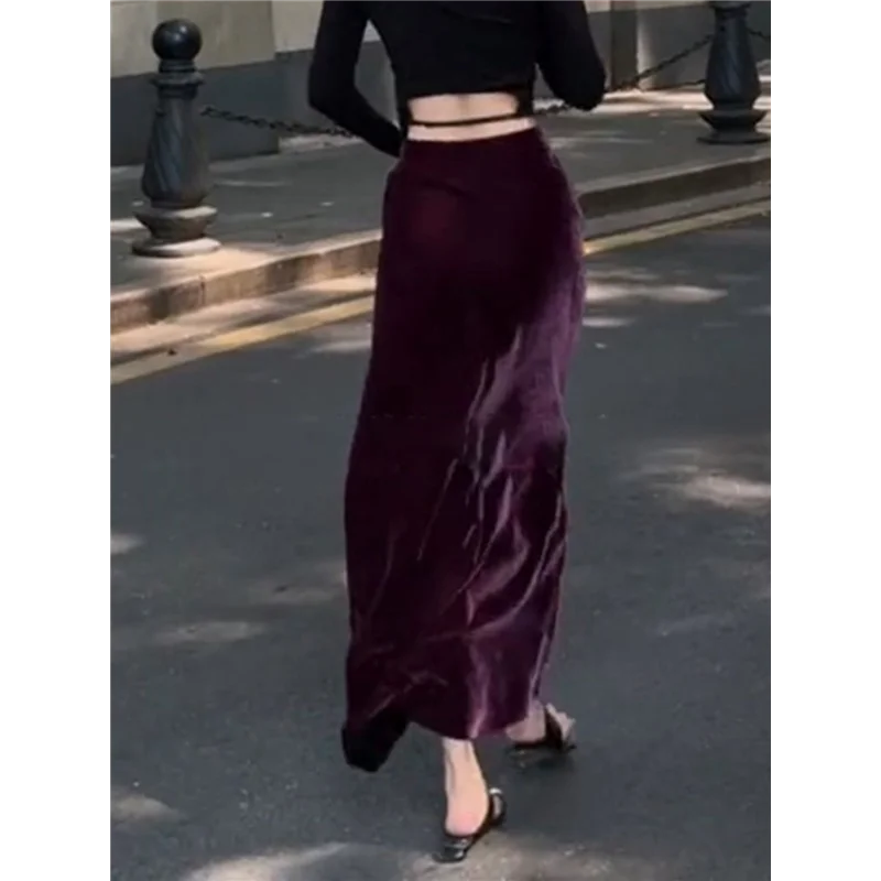 Purple Velvet A-Line  Skirt Women's Fashion Spring 2024 Hanging Sense Luxury Long Skirt Casual High Waist Wrap Body Skirt