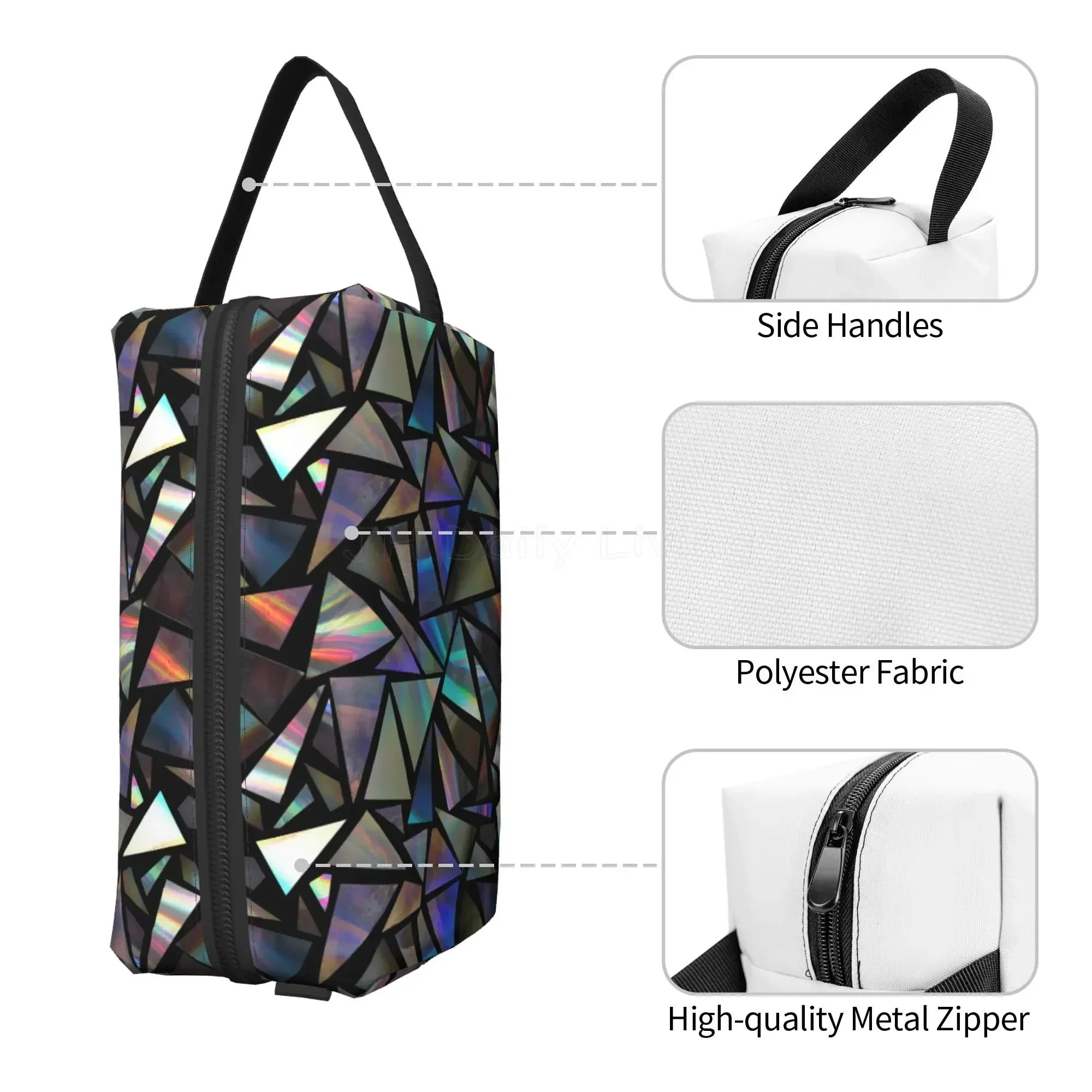 Lines Green Iridescent Holographic Triangles on Black Abstract Pattern Blue Crystal Glam Storage Bag Travel Cosmetic Bag