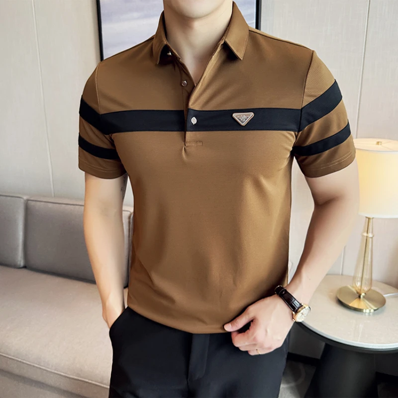 Ice Silk High Elastic Waffle Striped Color Block Polo Shirt for Men\'s Short Sleeved Lapel T-shirt Casual Business POLO Tee Tops