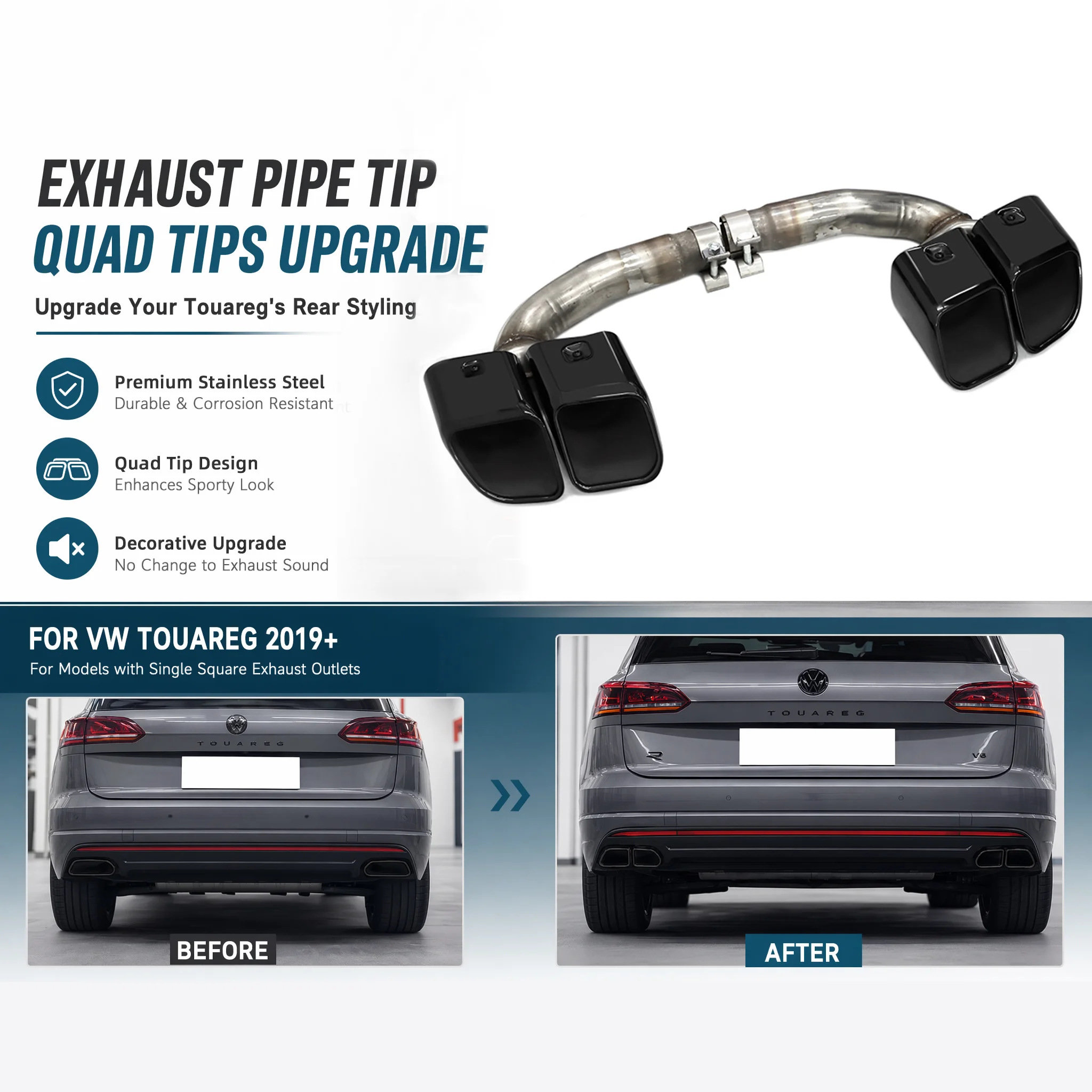 Einzelner zu Vierfach-Quadrat-Dekorativer Auspuffendrohr in Schwarz für Volkswagen VW Touareg 2019+ V6 3.0T 2.0T TDI TFI