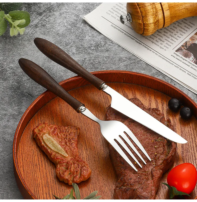 Retro Wooden Handle Cutlery Set, Stainless Steel Western Tableware for Afternoon Tea & Dessert