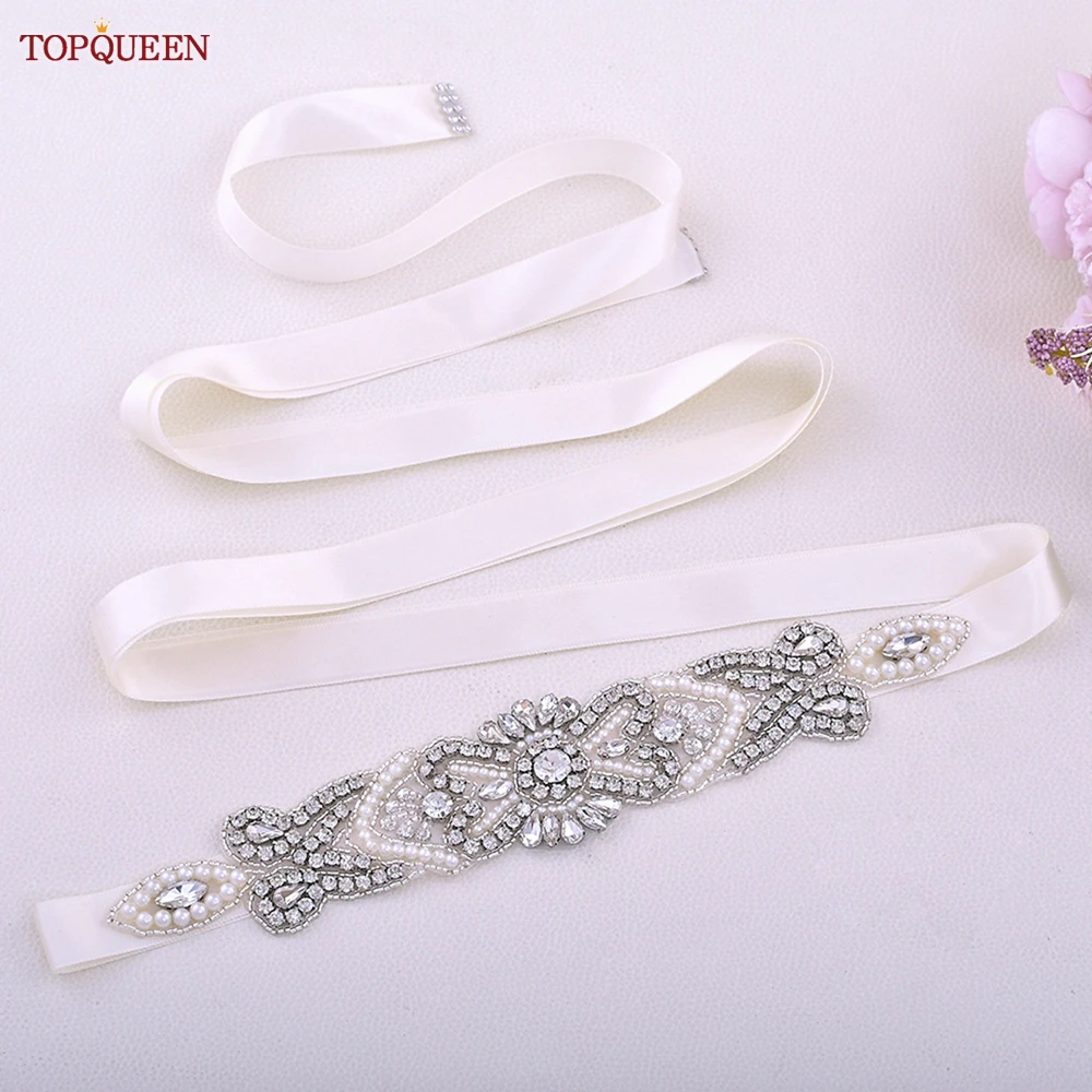 TOPQUEEN-cinturón con cuentas de diamantes de imitación S208 para novia, accesorios de boda, cinturones de vestir para mujer, cinturón champán para vestido de mujer, cinturón blanco