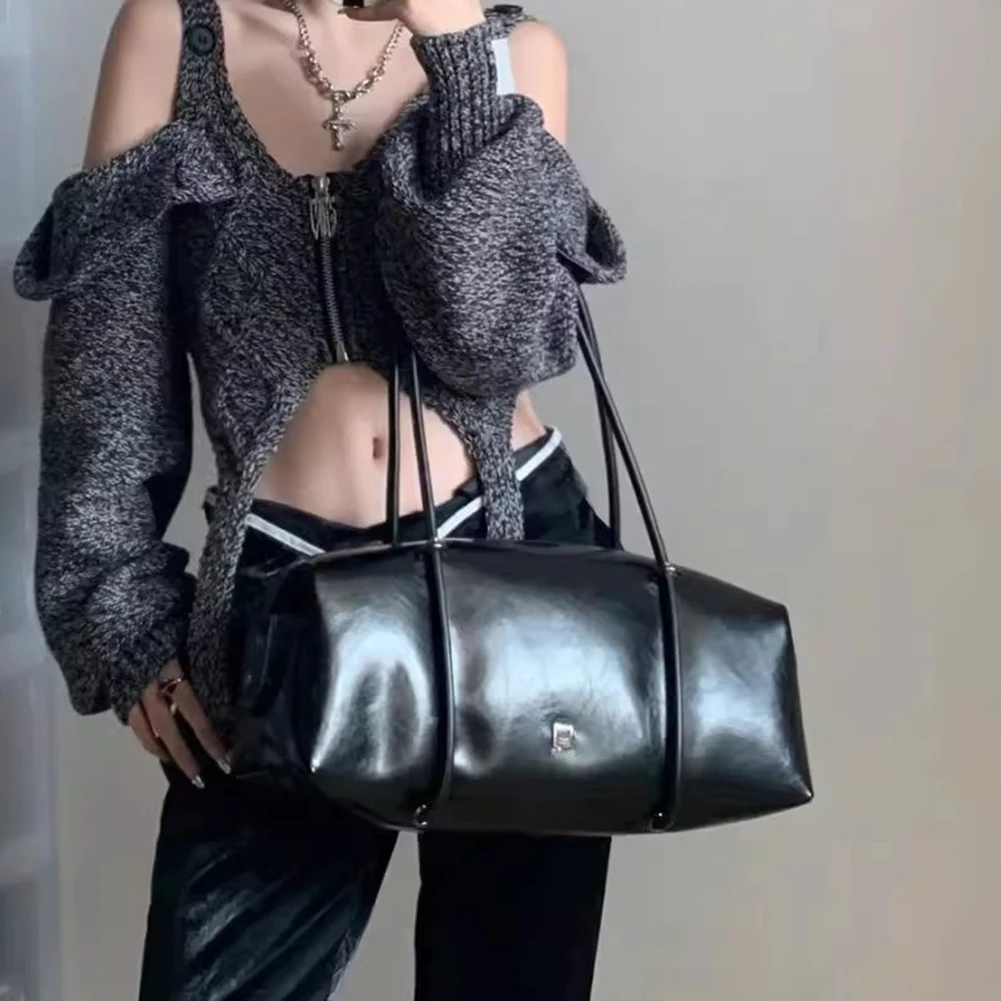 حقيبة كتف نسائية عصرية ذات سعة كبيرة من البولي يوريثان حقيبة وسادة بوسطن حقيبة صغيرة بمقبض بلون سادة وسحاب للإغلاق لحفلات العطلات #3