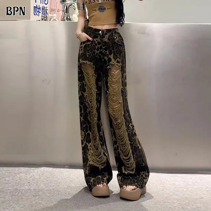 

BPN Streetwear Leopard Jeans For Women High Wiast Patchwork Pockets Holes Hit Color Casual Loose Wide Leg Denim Pants Female New