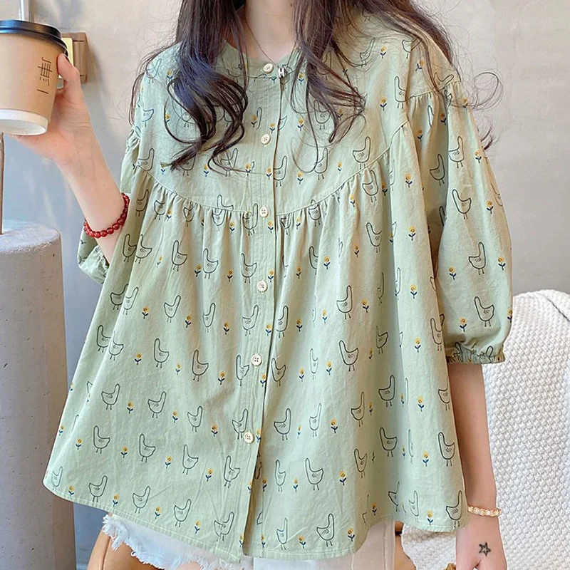 Fashion Loose Printed Button Folds Shirring Lantern Sleeve Shirt Female Clothing 2024 Summer New Casual Sweet Blouse