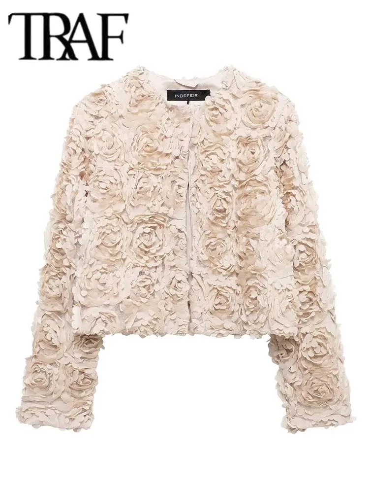 TRAF 2024 Autumn Women Jacket Short Casual Textured Flower Elegant Jackets Women Fashion Long Sleeve Streetwear New Outerwear