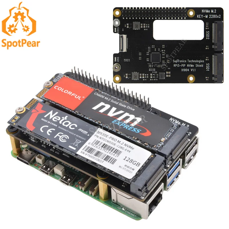 X1004 Raspberry Pi 5 PCIe to M.2 NVMe Dual SSD Adapter Board HAT Pi5 Double 2280 (Support BOOT from NVME SSD