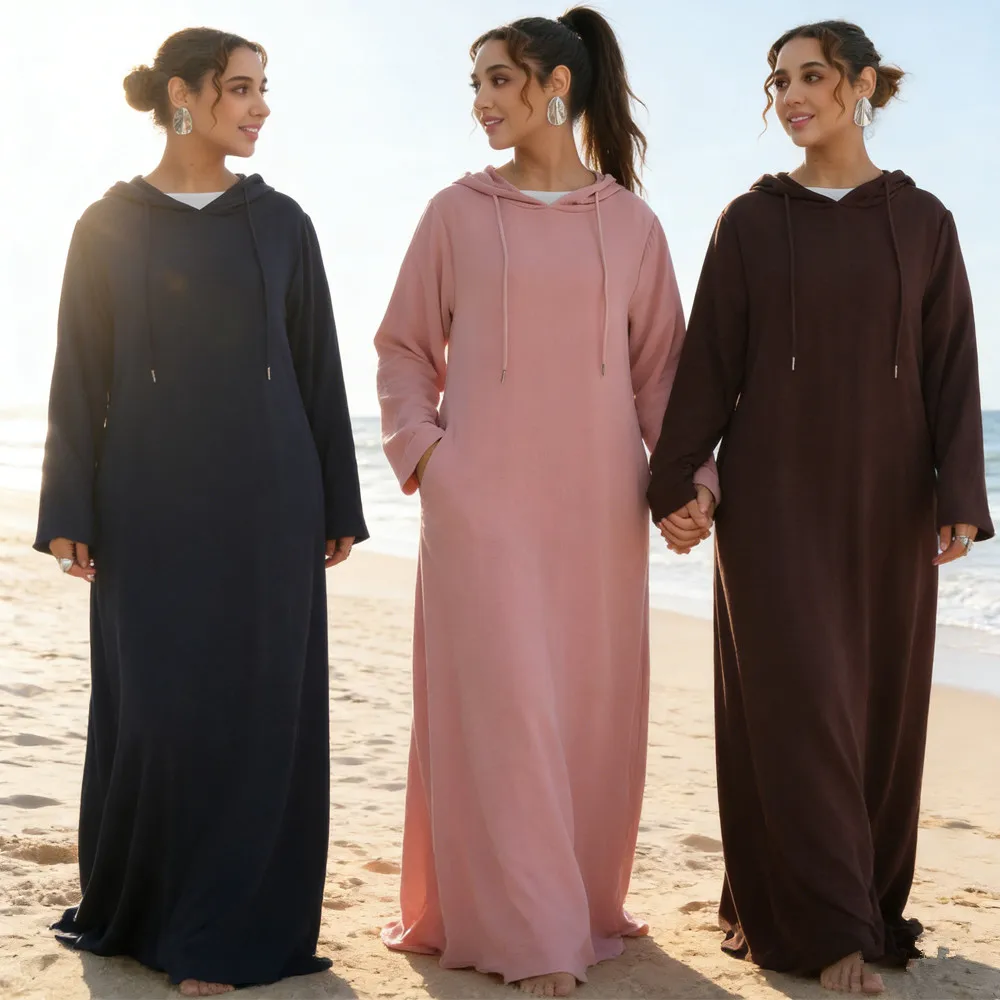 

Повседневное женское платье с длинным рукавом и капюшоном, мусульманское платье-абайя, дубайский кафтан, джеллаба для Ид, одежда для Рамадана, исламская одежда, турецкий кафтан, халат, джаллиба