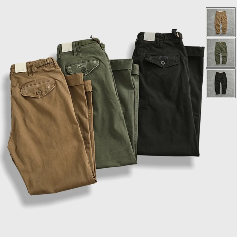 

Heavy cotton straight-leg cargo casual pants men's four seasons American retro worn out to do old tapered pants tide