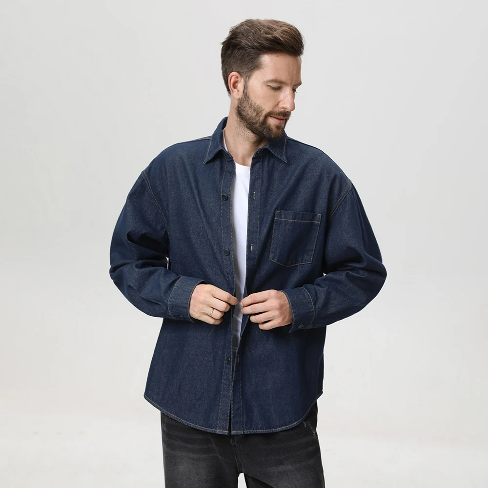 BROWON 2026 American Style Vintage Men's Denim Shirt Long Sleeve Spring Autumn Washed Distressed Oversized Jean Shirt for Man