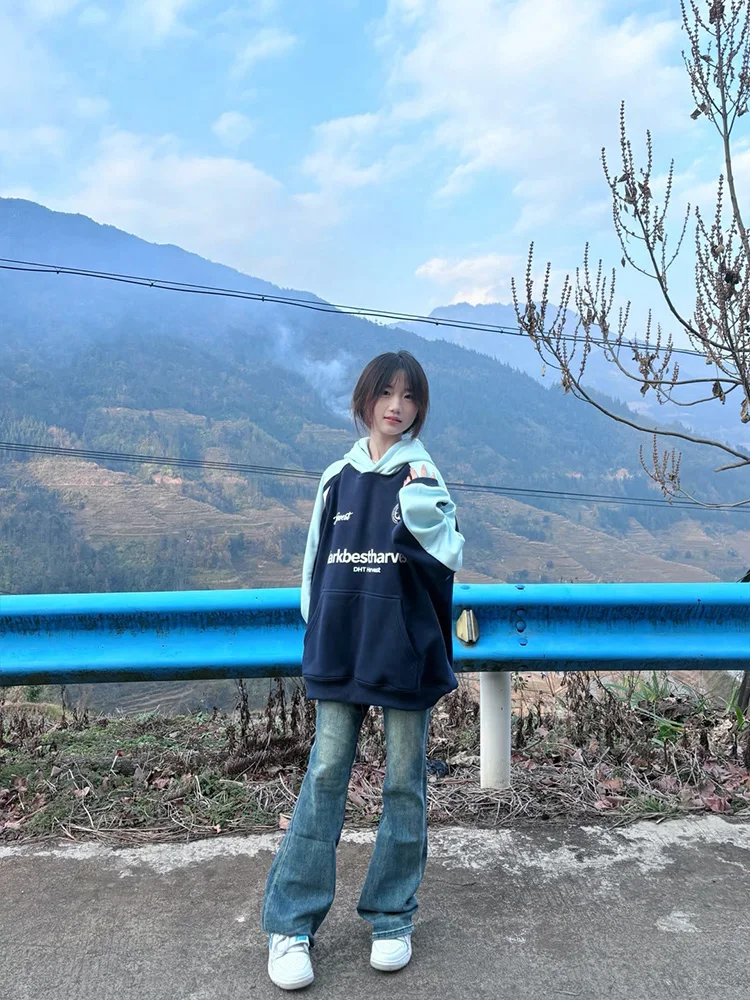 Oversized overirt cor sangue hoodie feminino outono inverno thiened fce casal jaet commute sle longo sve impressão