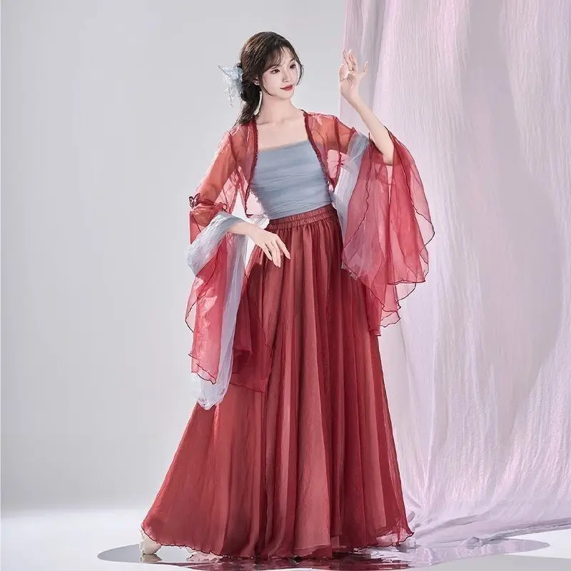 Traje de performance de dança clássica vermelho fluindo gaze vestido dança chinesa étnico estilo antigo prática desempenho grande balanço