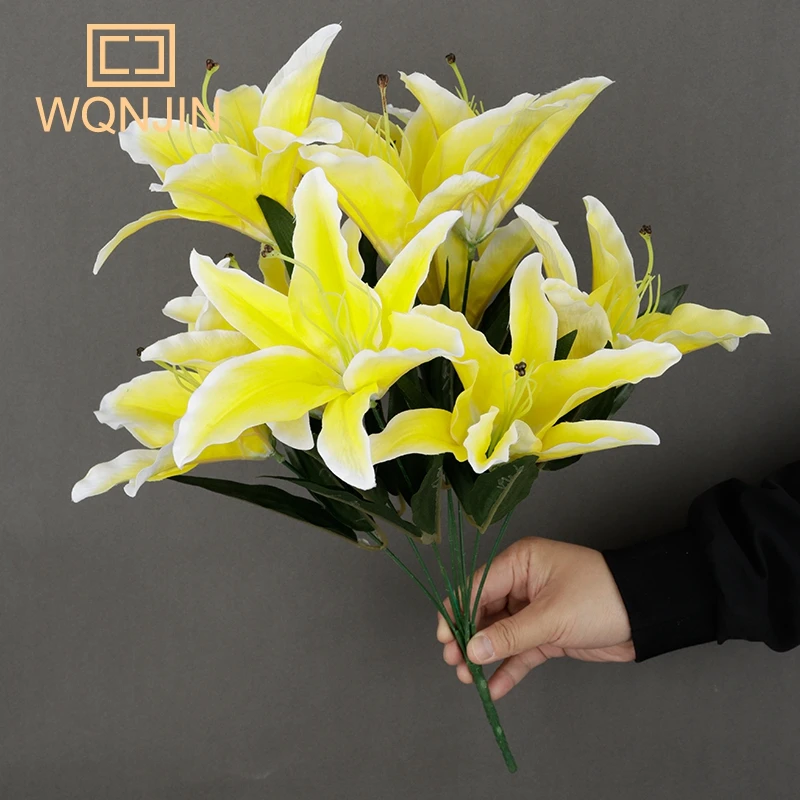 Künstliche Lilienblumen mit 9 Köpfen, europäischer mehrfarbiger gefälschter Brautblumenstrauß, Hochzeit, Zuhause, Party, Dekoration, Blumen – Detail 3