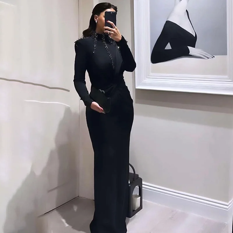 Jirocum Mermaid Long Sleeve Prom Gown Women High Neck Floor Length Party Evening Gowns Pleated Formal Occasion Dress customized