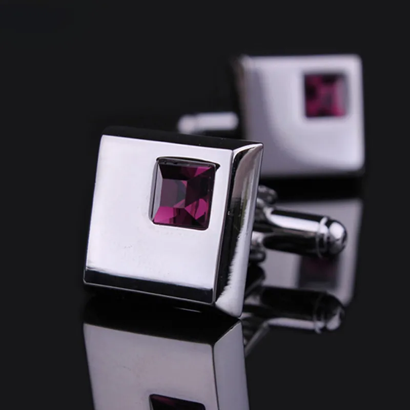 Fashion jewelry Boy Mens Wedding Shirt Cufflinks with Silver Color Metal Cuff Links Blue Black Pink Red Purple Crystal