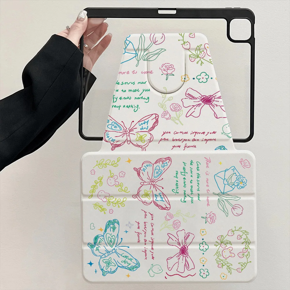 Kawaii Line Art Doodle TriFold Leather Tablet Case for Samsung Galaxy Tab S10 Plus 12.4inch Tab A8 10.5inch Tab S6 Lite 10.4inch