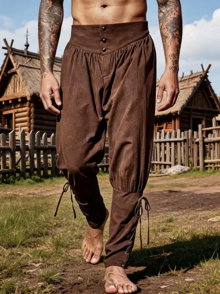 Men's Retro Casual Ankle Banded Breeches, Medieval Renaissance Lace‑Up Trousers, Loose Mid‑Waist Viking Pirate Pants