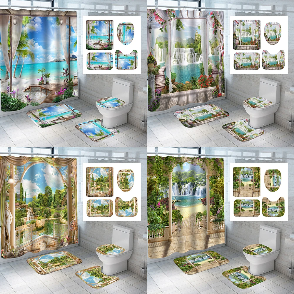 

Beach Scenery Pattern Waterproof Polyester Bathroom Curtain with Hooks Anti-slip Bath Carpet Mat Lid Toilet Cover Home Decor