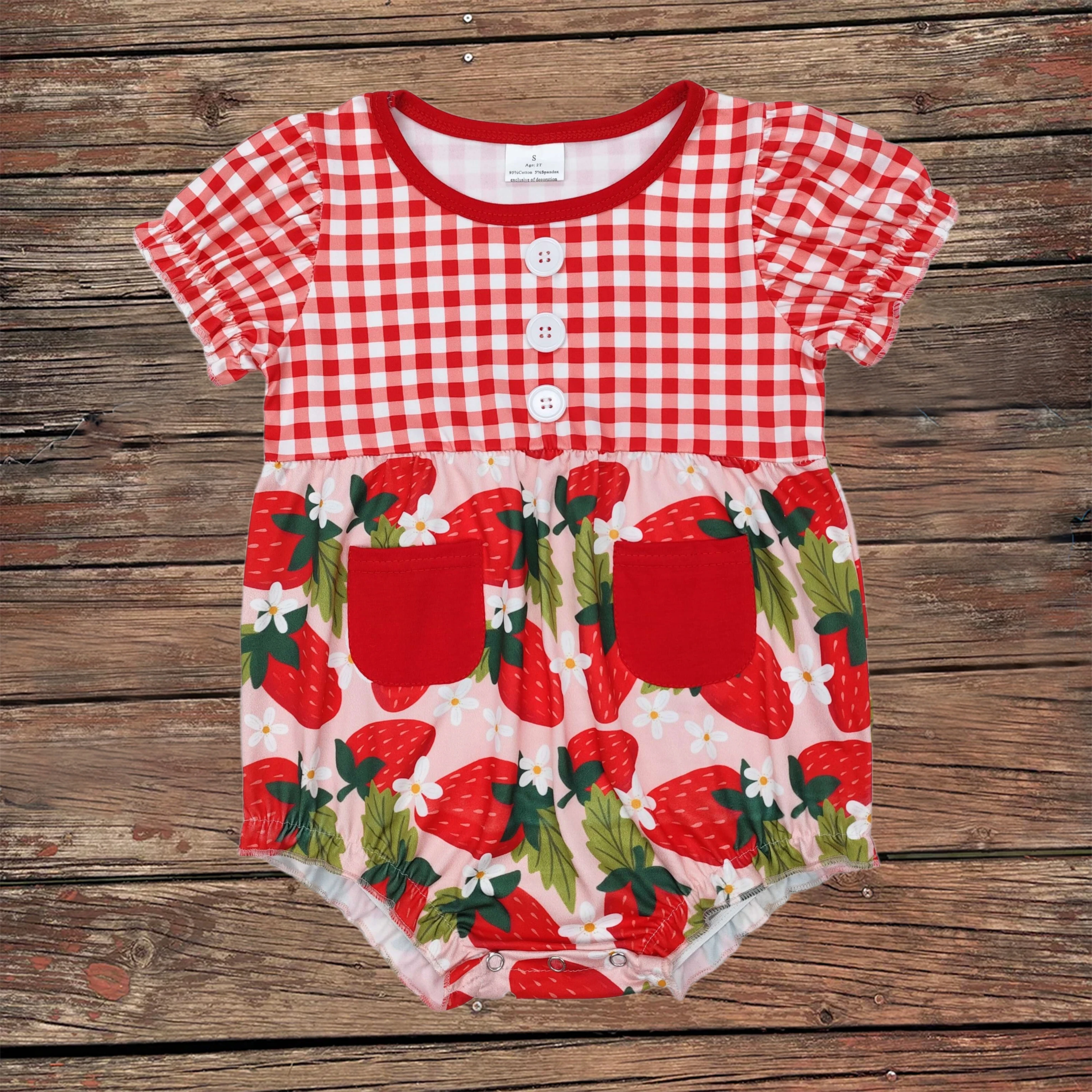 Wholesale Children Short Sleeves Red Strawberry Romper Baby Girl Kids Bodysuit Toddler Newborn Bubble Jumpsuit Summer Clothing