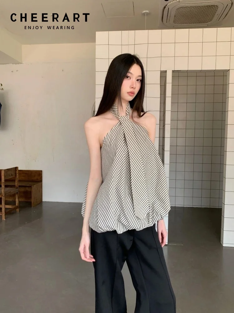 

CHEERART Puffy Striped Summer Tops For Woman 2025 Backless Halter Neck Designer Cute Tops With Necktie Korean Fashion Clothes