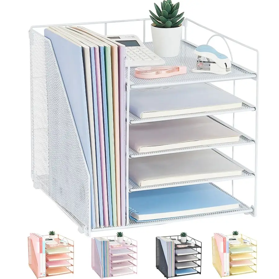 

Desk Organizers and Accessories, 5Tier Paper Letter Tray Organizer with File Holder, Desktop Organizer for Office Supplies White