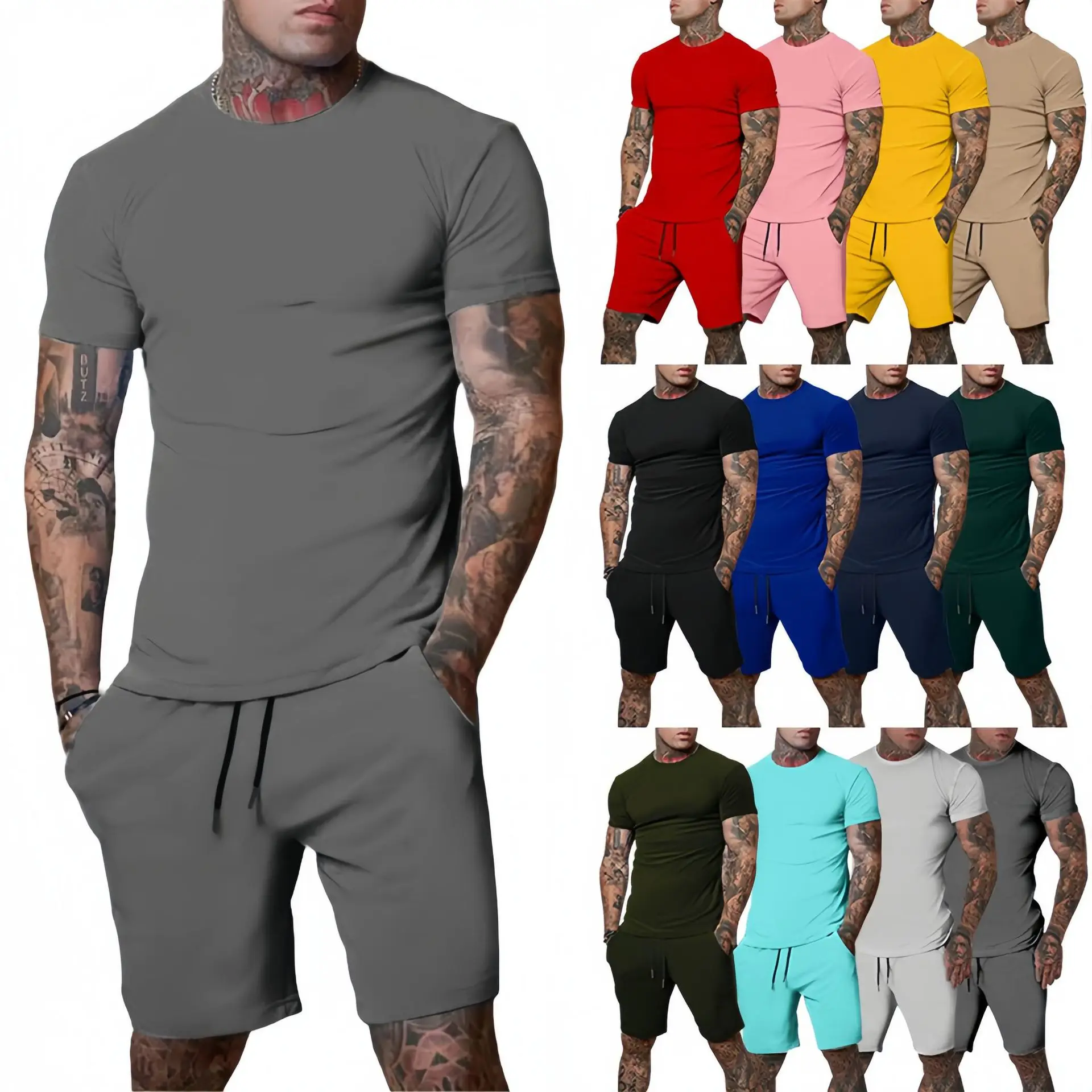 New Summer men\'s sportswear short sleeved T-shirt+sports shorts quick drying dry breathable cool gym suit handsome two-piece set