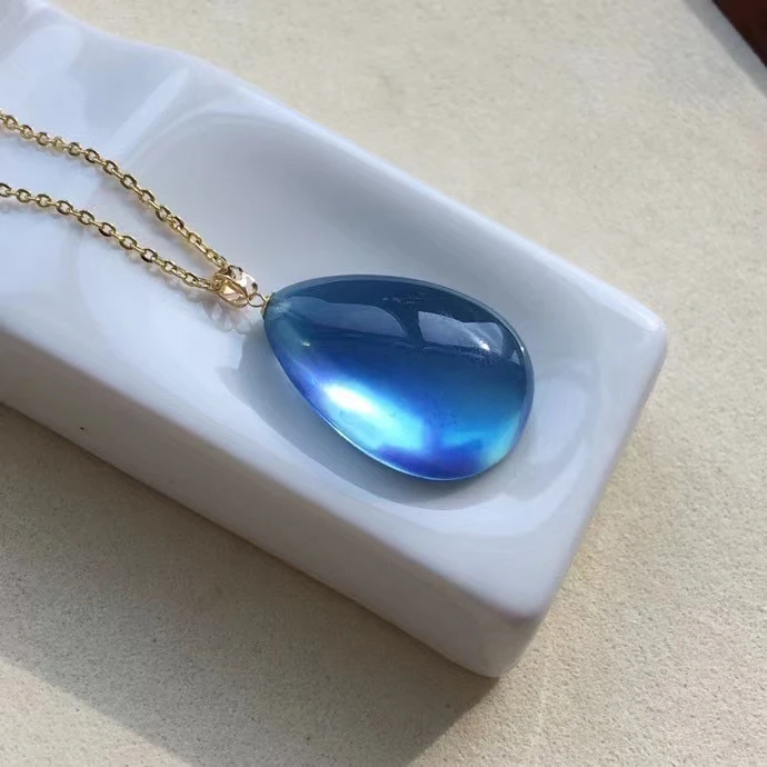 Natural Blue Aquamarine Water Drop Pendant 26*18*10mm Women Fashion Aquamarine Blue Rare 18K Gold Necklace AAAAA