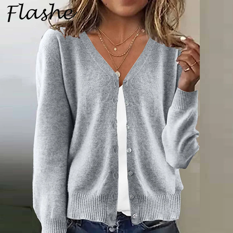 

Осенний свитер с длинными рукавами, женский кардиган с v-образным вырезом, базовый стиль, трикотаж на пуговицах, женский повседневный осенне-зимний мягкий топ, пальто