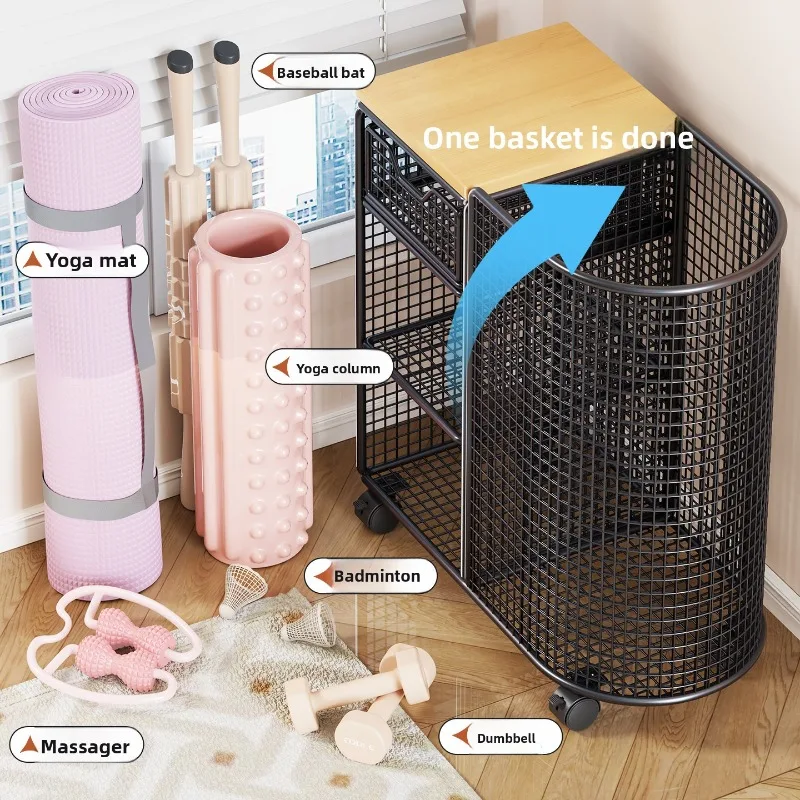 Rolling Storage Basket for Yoga Mats, Multi-Functional Home Fitness Equipment Organizer