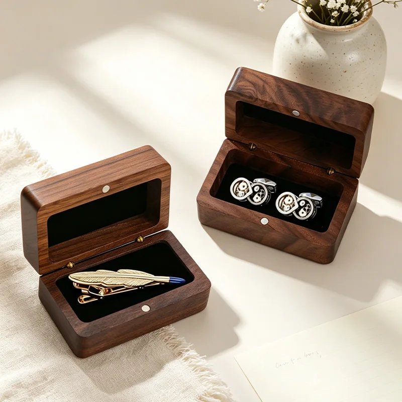 Walnut Wood Cufflink Box Tie Clip Storage Case Portable Wooden Jewelry Box for Men Cuff Links Gift Box with Magnetic Closure