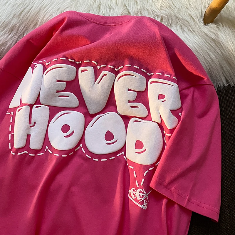 2022 estate nuovo cappuccio stampa schiuma T Shirt donna sciolto solido Tees Hip Hop Casual Tshirt oversize O collo femminile Y2k top Goth