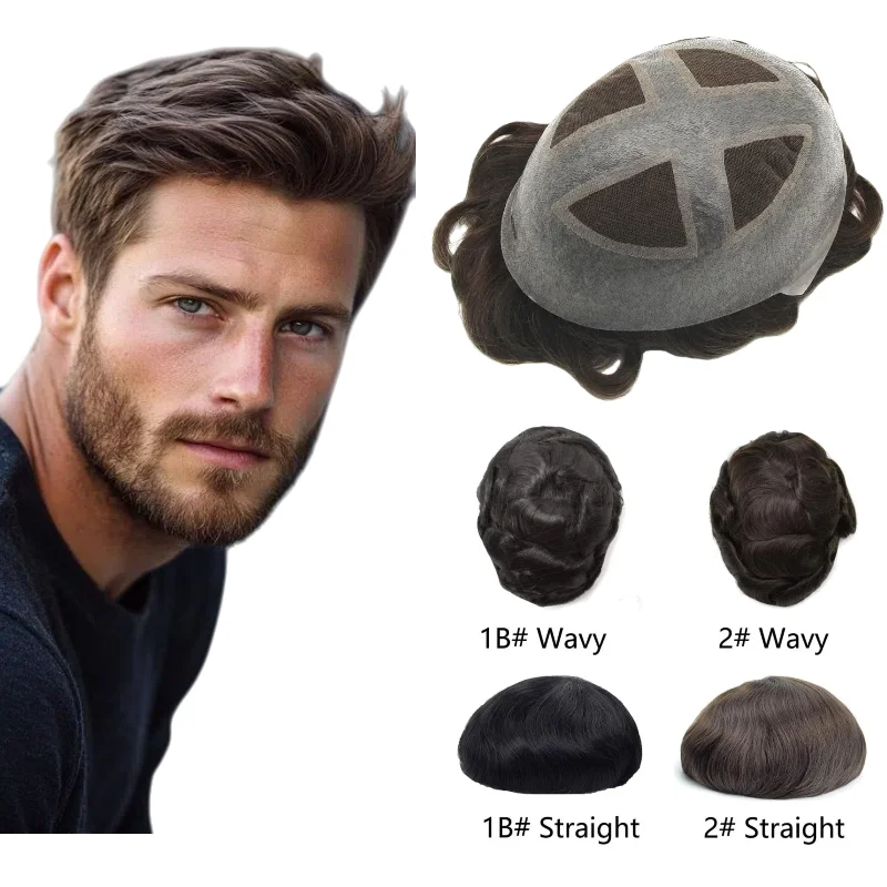 الصليب على بو الشعر المستعار | قطعة شعر بشري للرجال من مونو سكين آند دانتيل + قاعدة من البولي يوريثان، لتغطية الصلع بالكامل #1