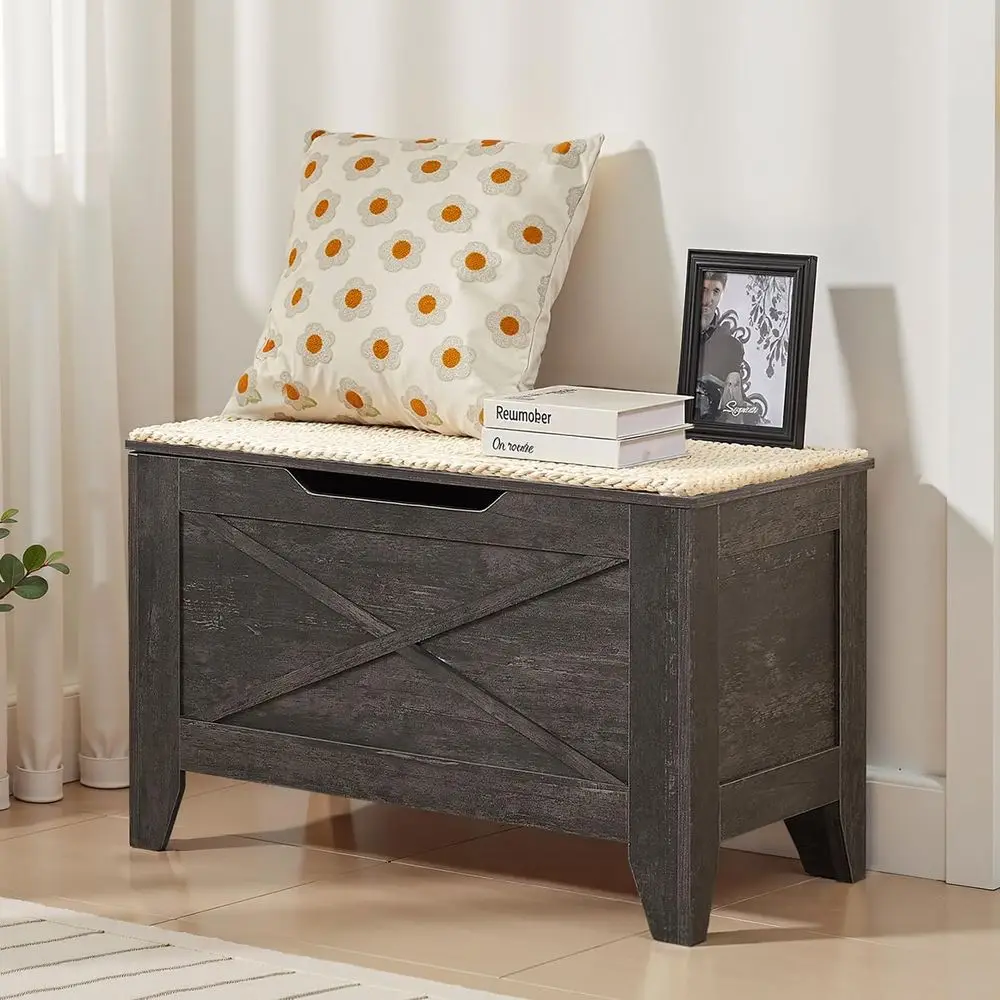 30 Storage Chest with Lit Top, Ottoman with Handwoven Wicker Cushion, Safety Hinges, Ideal for Entryway, Bedroom, Living Room, C