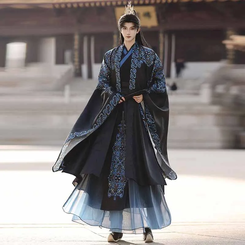 men-chinese-hanfu-costume-black-blue-gradient-printed-wide-sleeve-coat-with-shirt-skirt-ancient-noble-costume-cosplay-outfit