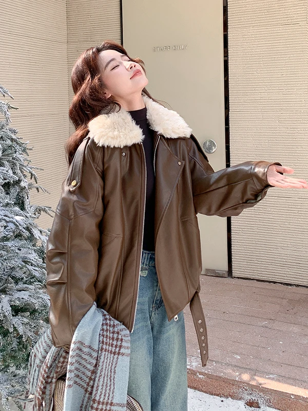 

Faionable ort White Du down Jaet Women's Sli Plu Collar Leather Coat Warm Winter Outerwear Casual Sle