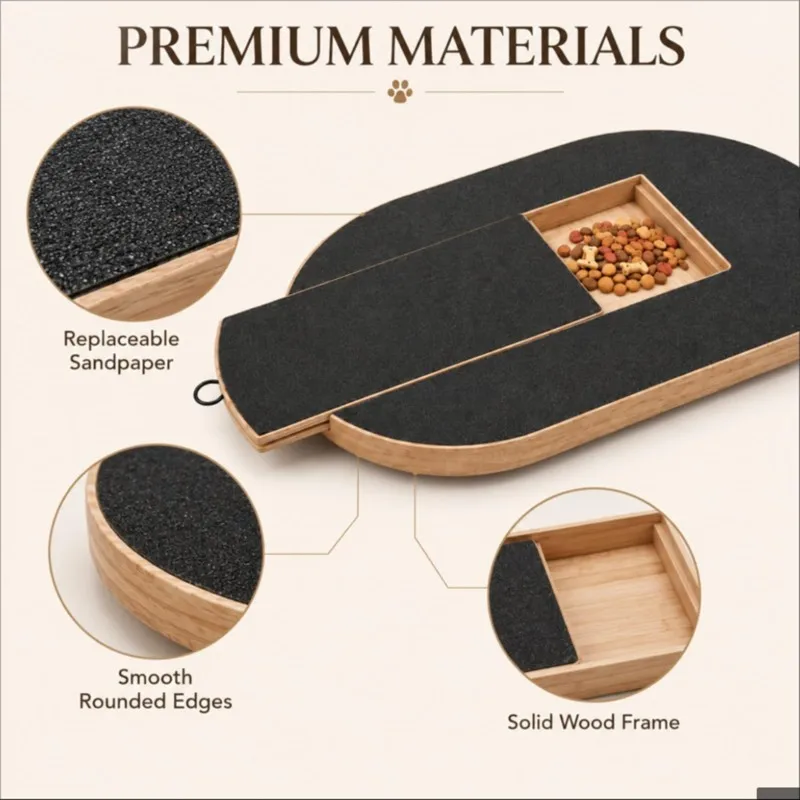 ABCA-Stress-Free Dog Scratch Pad-Oval Solid Wood Pet Scratch Board With Integrated Treat Drawer File