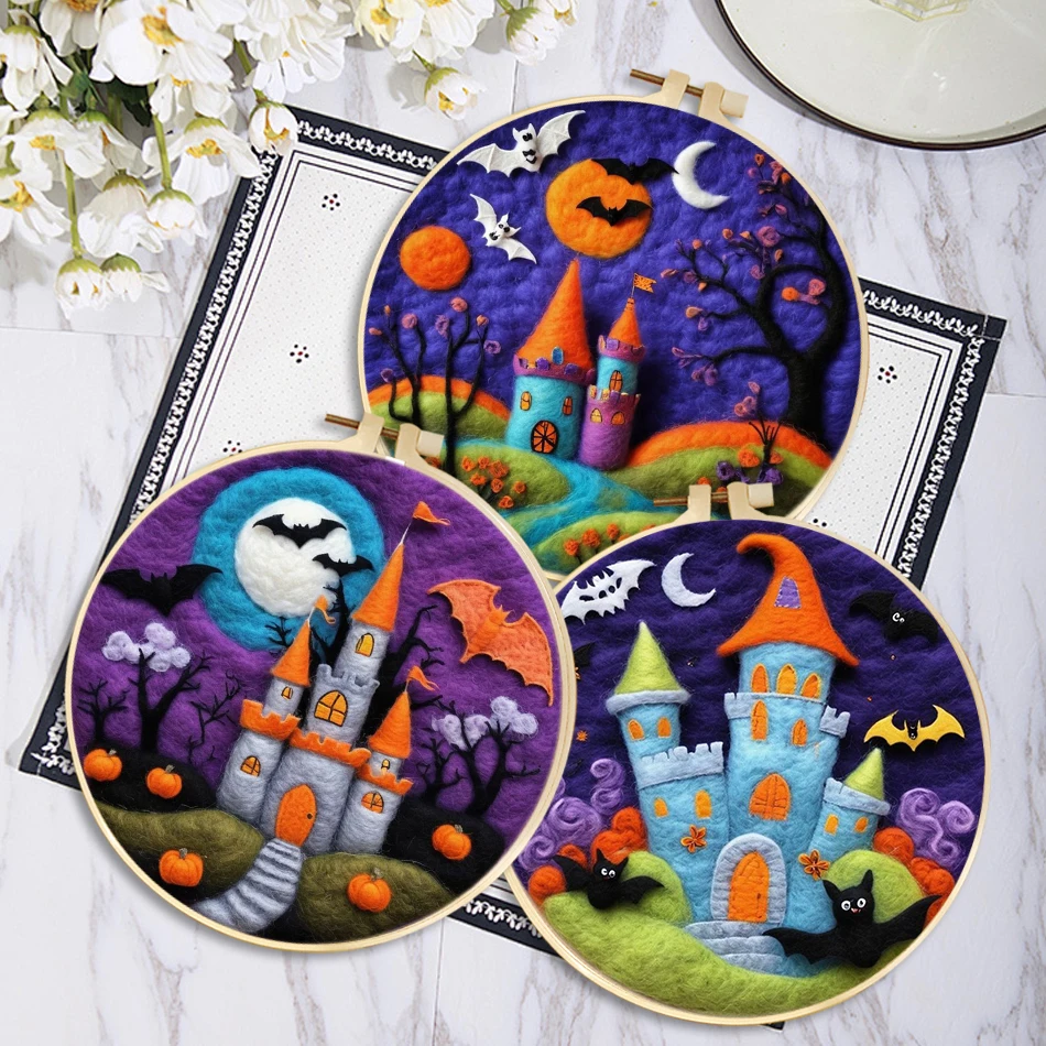 

CHENISTORY 20x20cm Needle Felting Kit Starter Halloween Castle Painting Wool Felting Kit for Beginners Adult DIY Handicraft