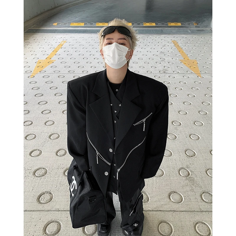 Oversized Black Blazer Men High-end Fashion Leisure Suit Jackets Multi-zippers Male Streetwear Casual Korean All-match Suit