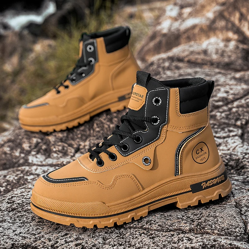 

Khaki Men Motorcycle Boot Big Size 39-46 High Top Leather Men's Work Shoes Non-Slip Platform Outdoor Boots For Men Ankle Boots