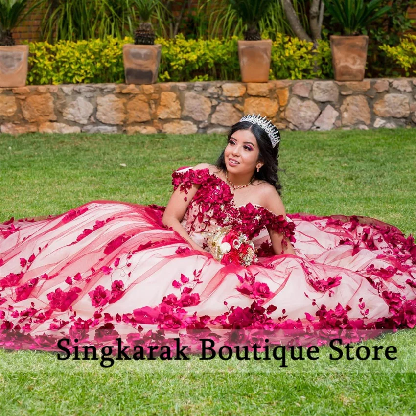 Fleurs 3D rouge princesse fleur Quinceanera robe douce 16 robe Appliques cristaux perle perles robes De 15 Años personnalisé