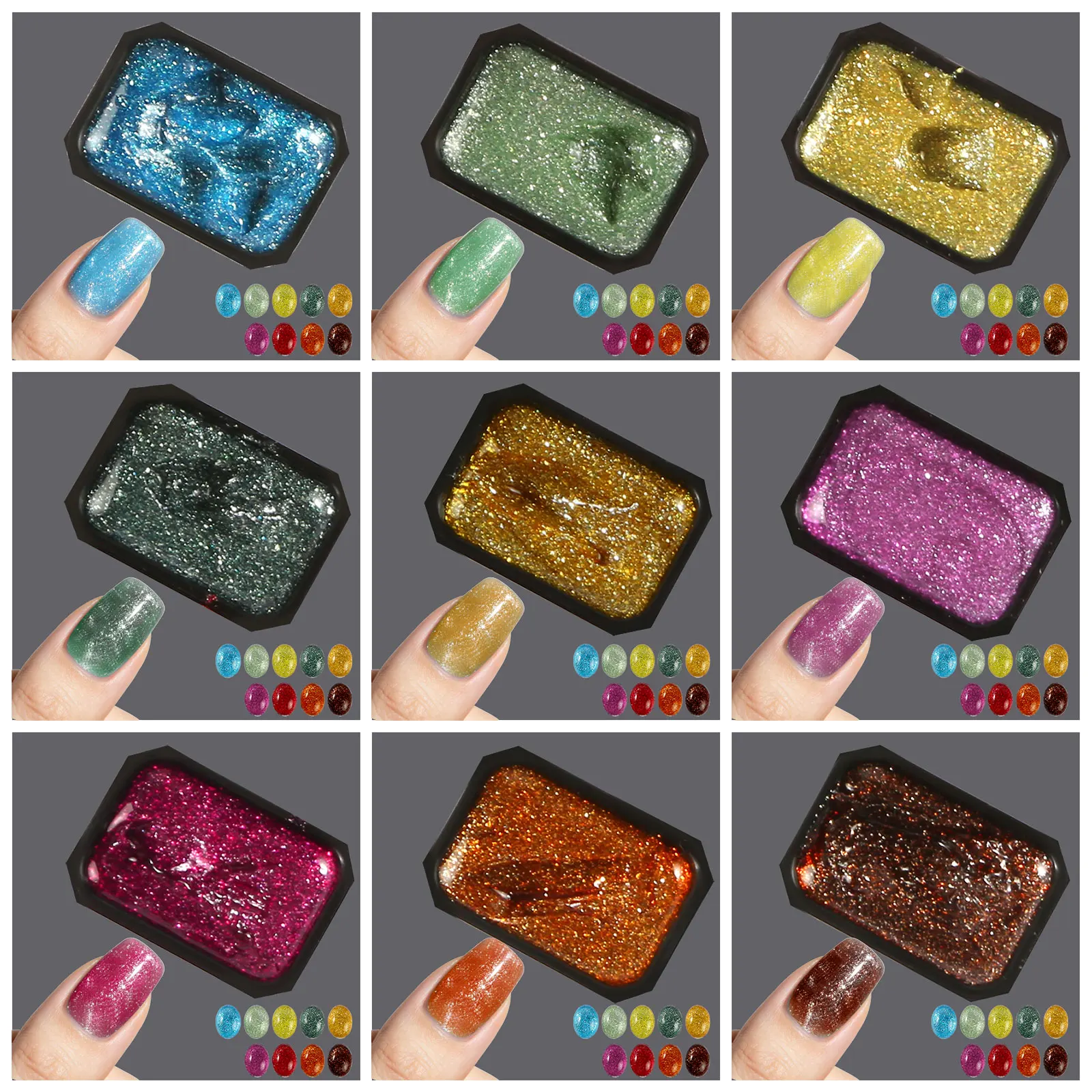 Ovanlee 9-Color Diced Diamond Gel Polish Kit – Holographic Galaxy Glitter Gel with Transparent Base for Crystal Ice Effect & 3D Sparkle, Soak-Off UV/LED Gel with Stunning Galaxy Packaging