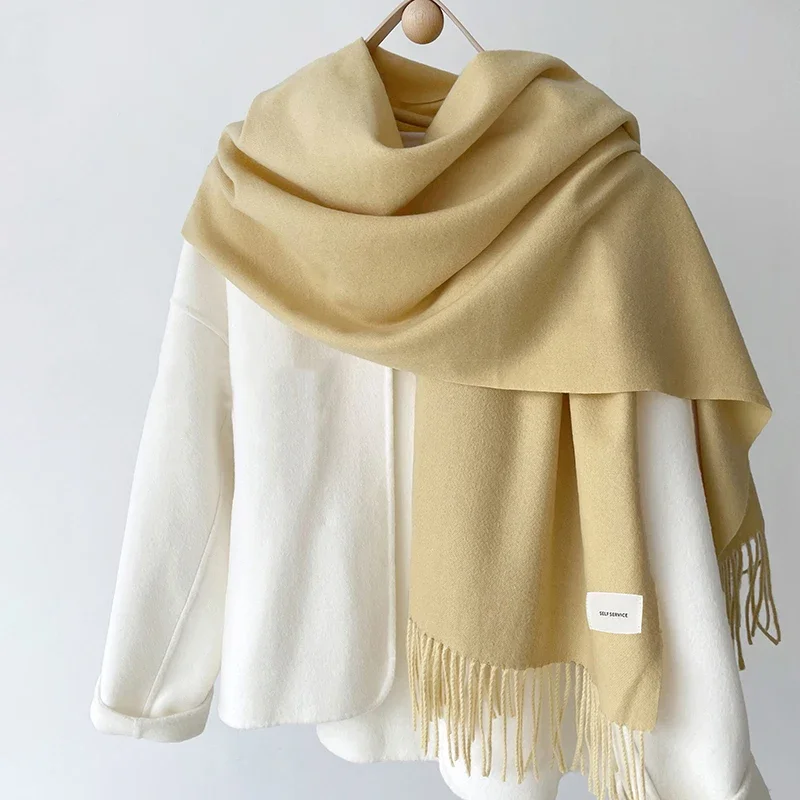 Women Winter Solid Color Scarf Imitation Cashmere Soft Brown White Warm Knitted Woolen Ins Neck Pashmina Big Shawl