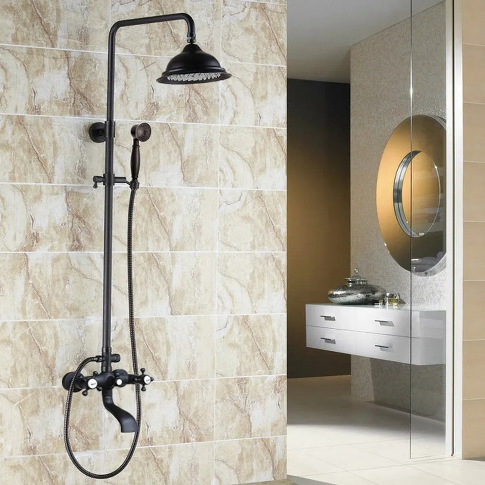 

Oil Rubbed Bronze Bathroom Shower Mixer Taps Wall Rainfall Bath Shower Faucet Set W/ Handshower Tub Spout zhg103